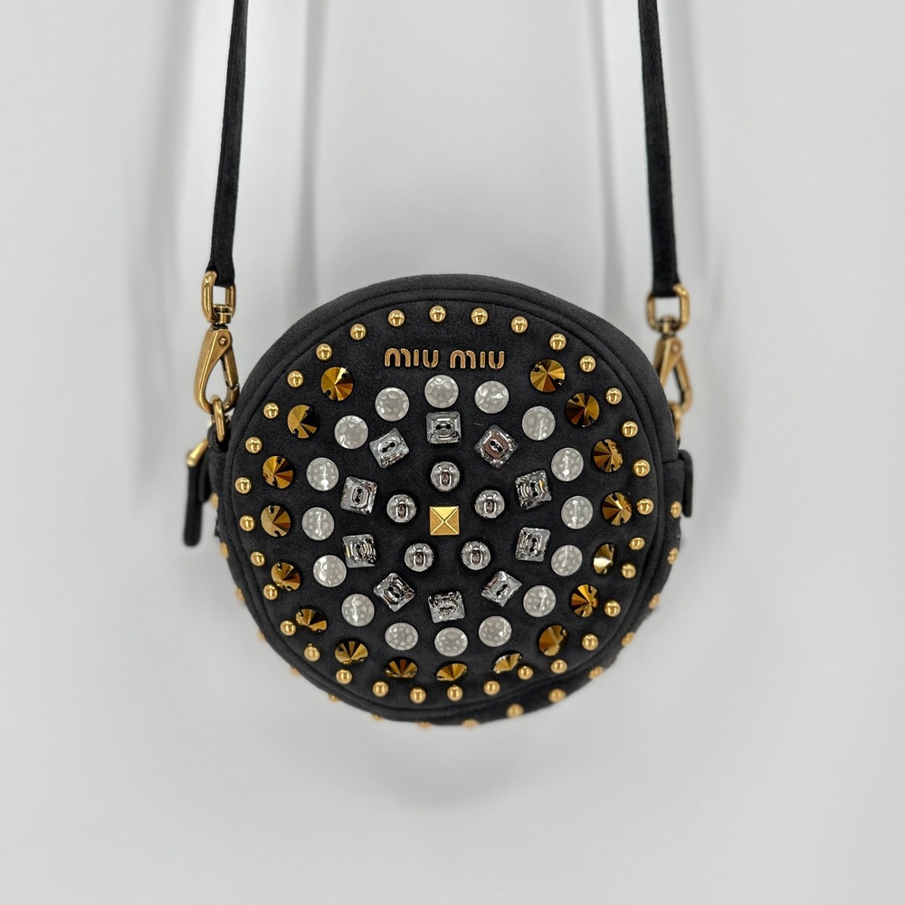 Miu Miu Black Suede Jeweled Studded Round Crossbody Bag Gold Hardware Small